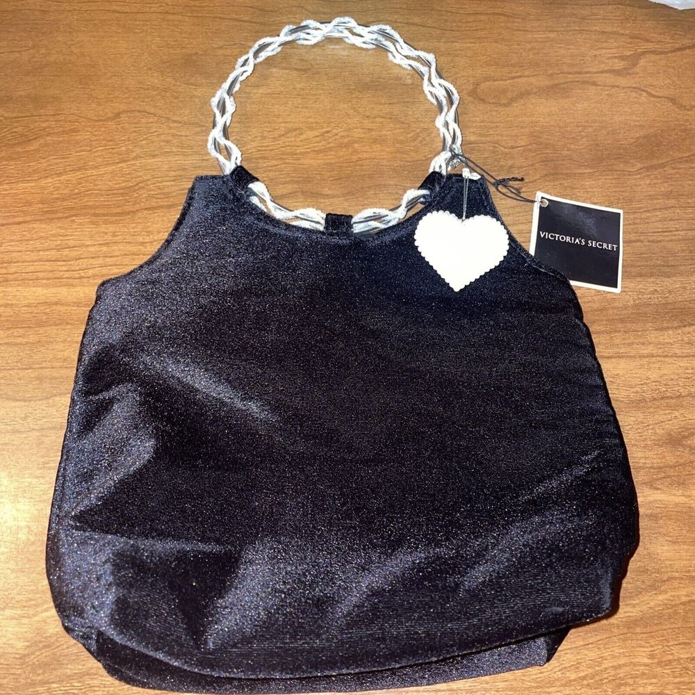 Victoria Secret Black Velvet Satchel Bag Purse Gift Bag Pearl Heart Charm Small